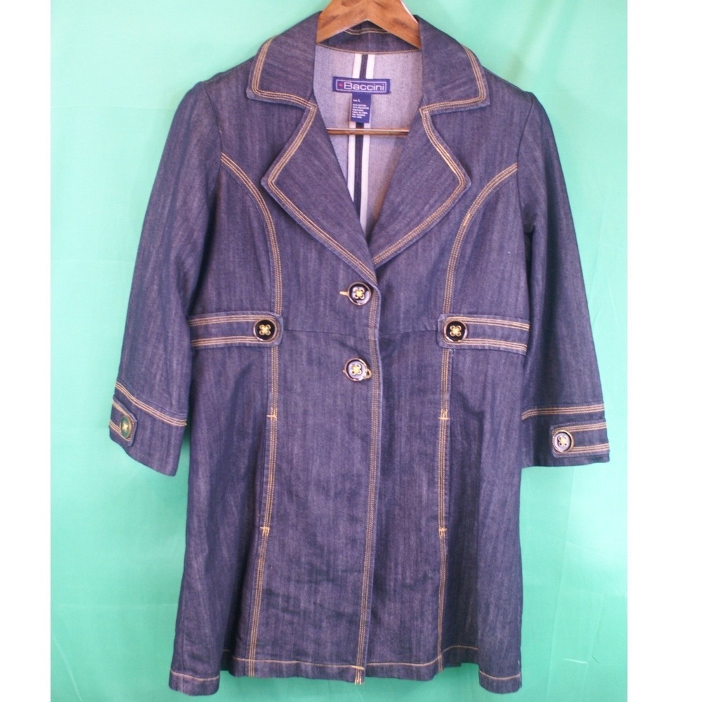 90's Vintage Baccini Denim Jacket Dark Wash Pleated Back 3/4 Sleeve Womens Large - Picture 2 of 13